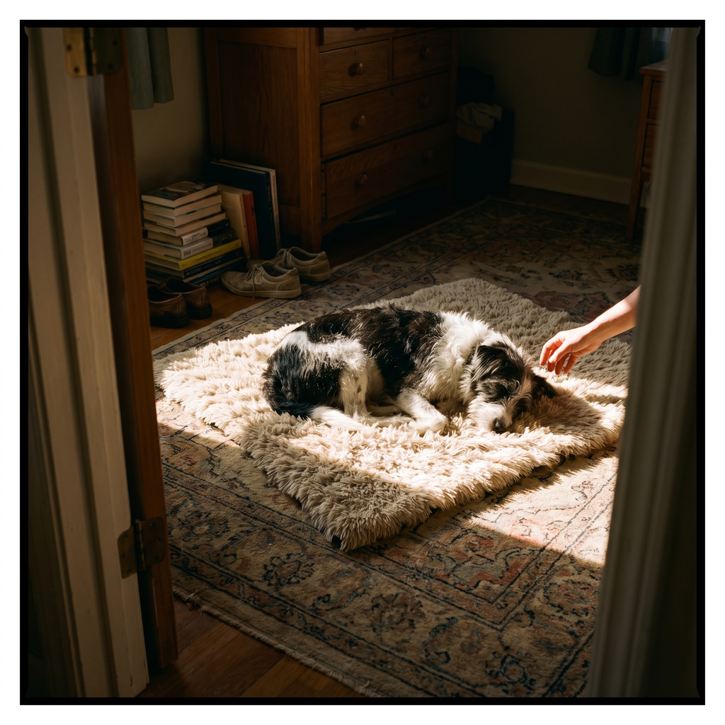 Terrier mix curled up on the fleece blanket on a bedroom rug in late afternoon sun - lifestyle v2