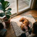 Overhead view of a dachshund nestled into the fleece blanket in a sunroom - lifestyle v2