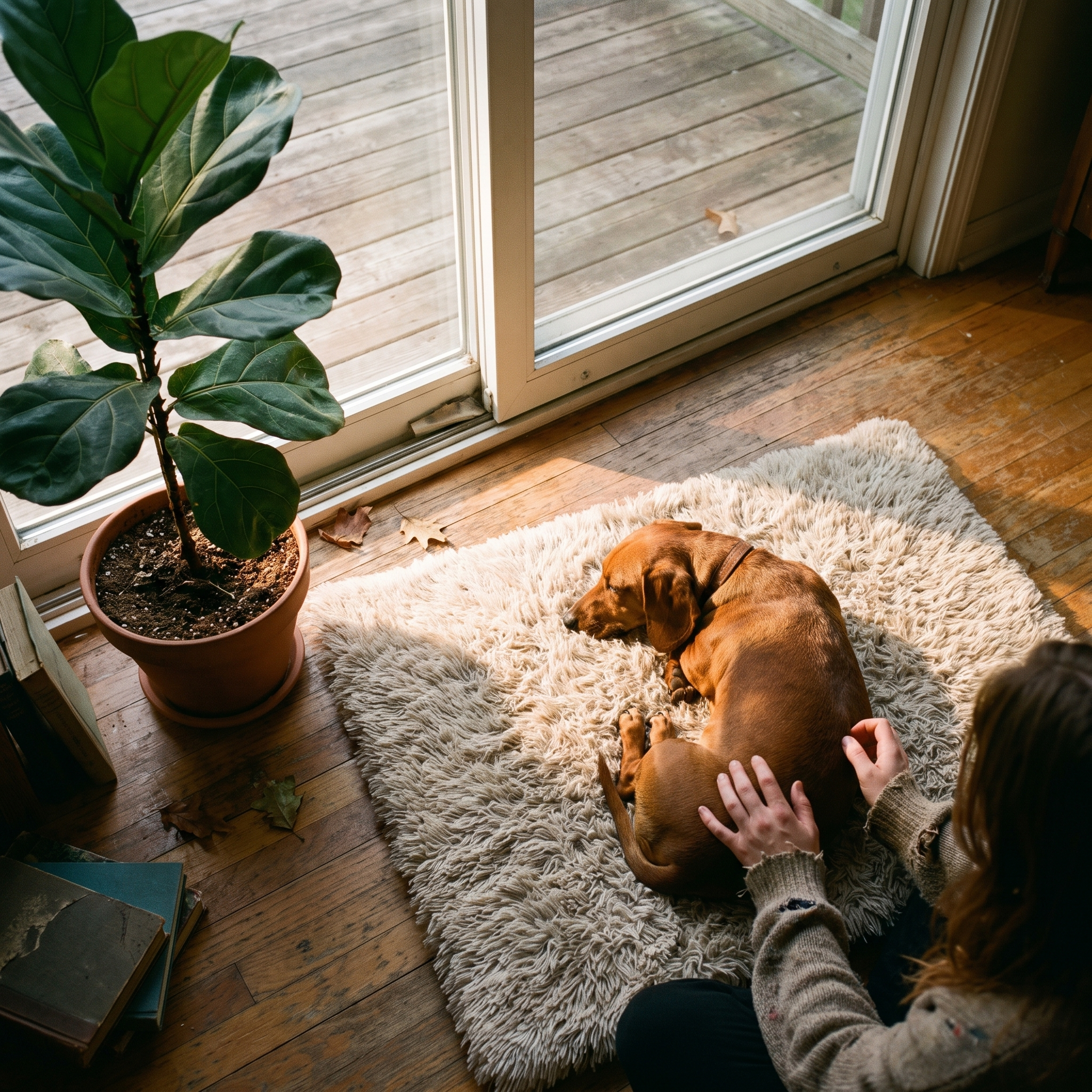 Overhead view of a dachshund nestled into the fleece blanket in a sunroom - lifestyle v2