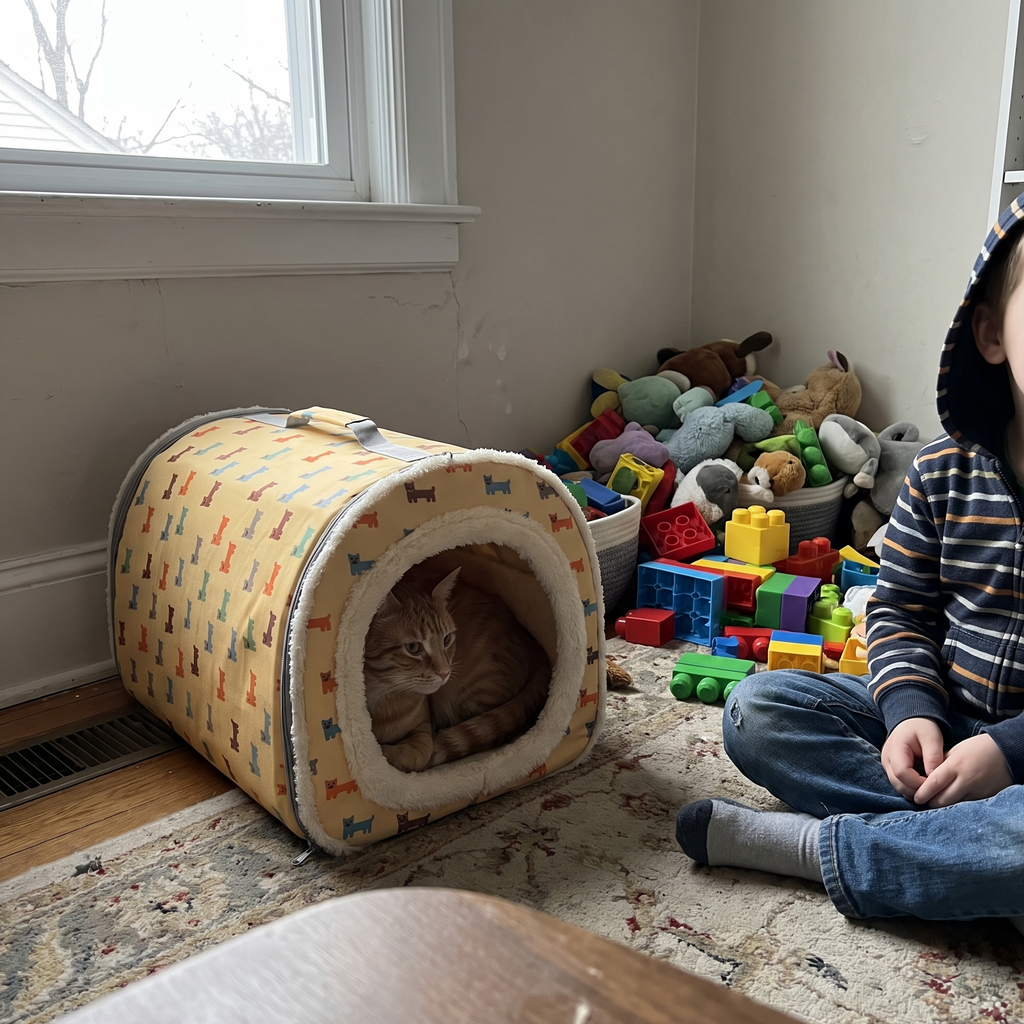 Ginger tabby settled in the covered cat bed in a child's bedroom with a child sitting beside it - lifestyle v2