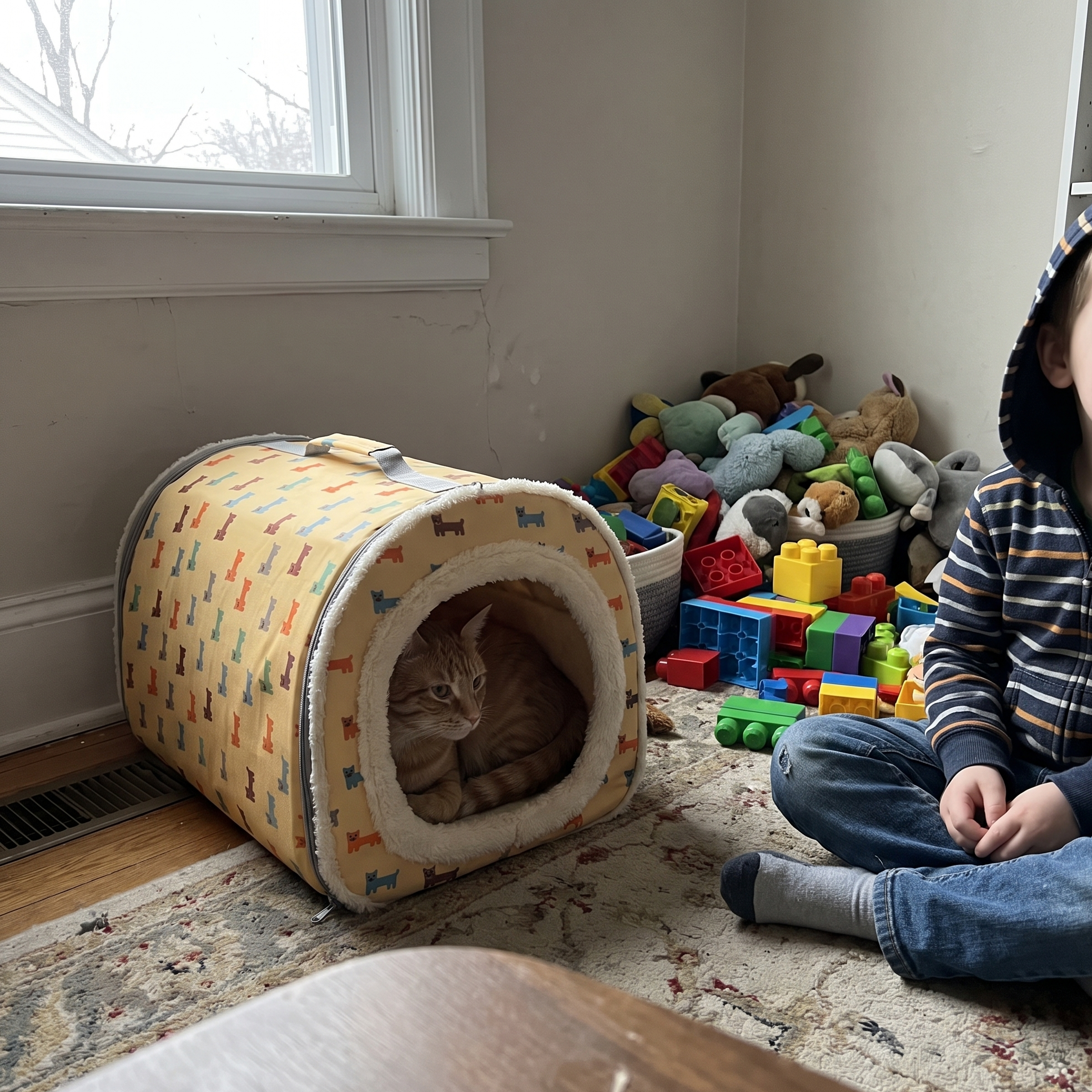 Ginger tabby settled in the covered cat bed in a child's bedroom with a child sitting beside it - lifestyle v2