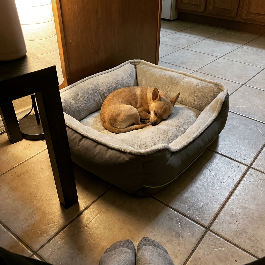 Chihuahua asleep in the plush donut nest bed on a kitchen floor - lifestyle v2