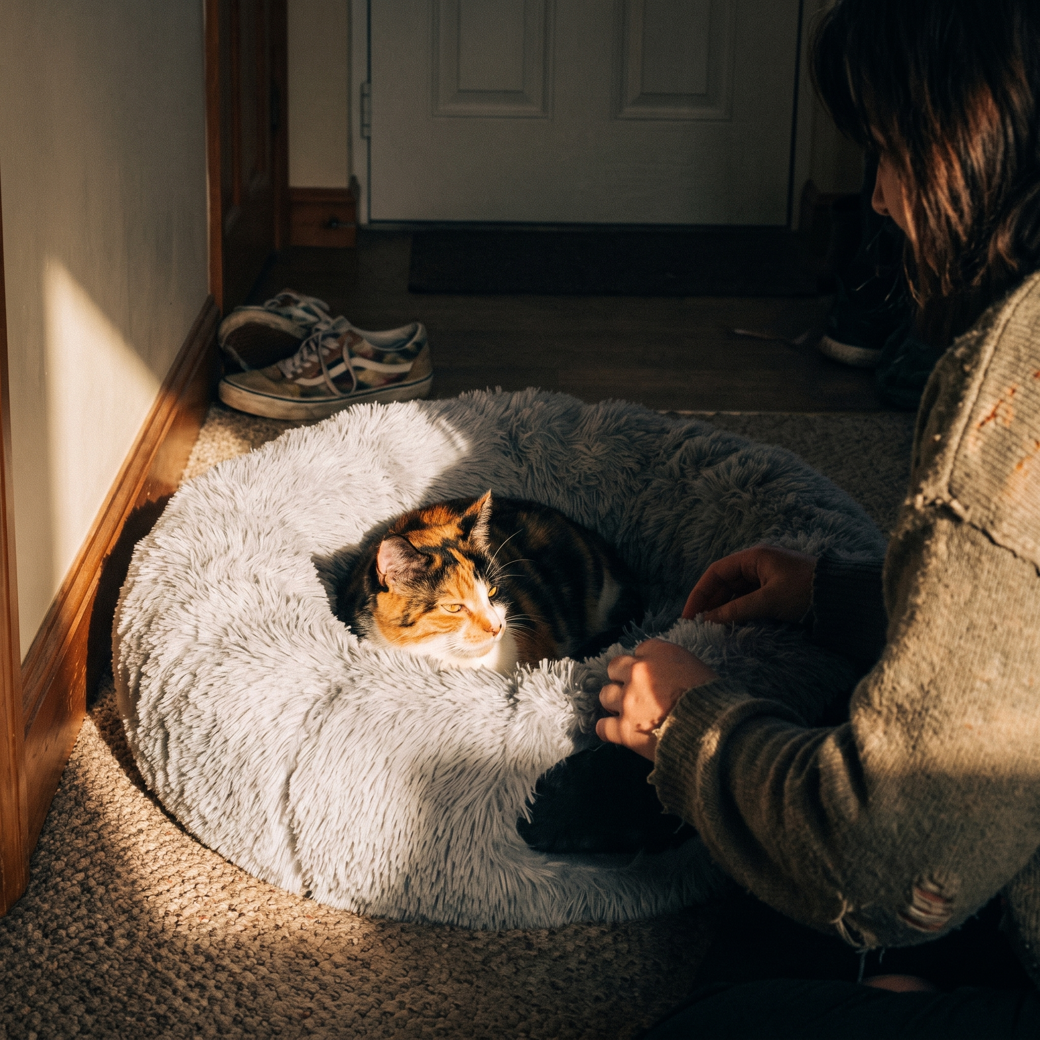 Calico cat resting in the plush cat tunnel bed in a carpeted hallway - lifestyle v2