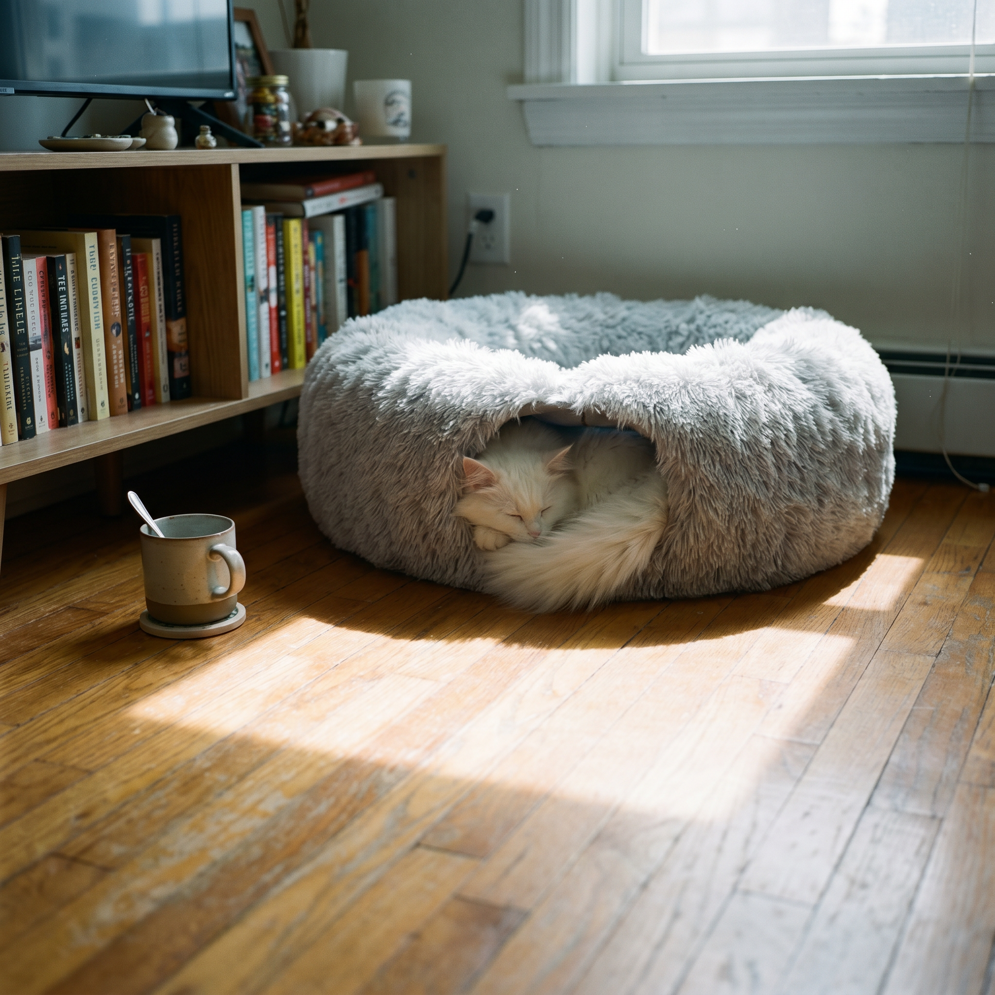 Long-haired white cat curled inside the plush cat tunnel bed in an apartment living room - lifestyle v2