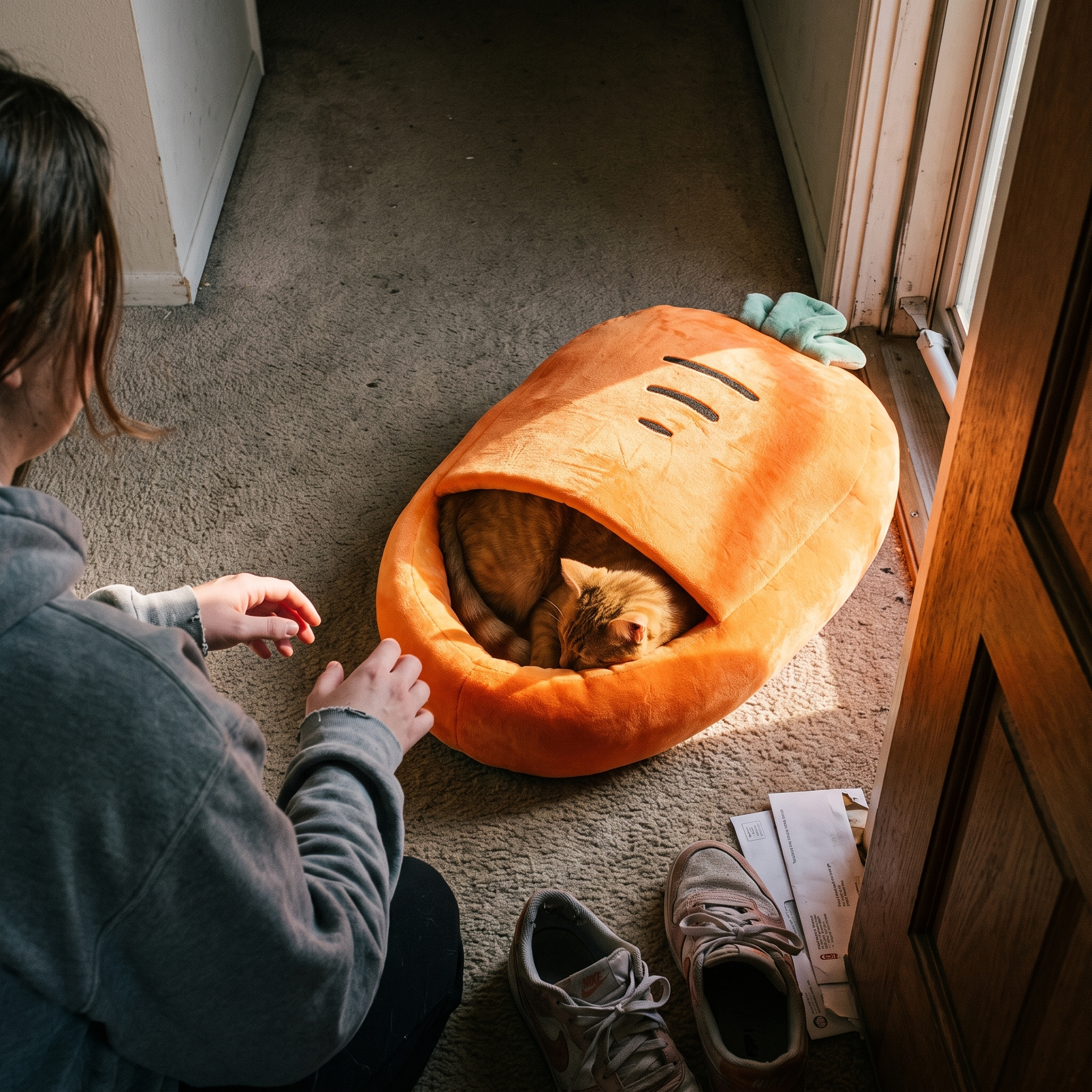 Ginger tabby burrowed in the carrot cat bed in a carpeted hallway - lifestyle v2