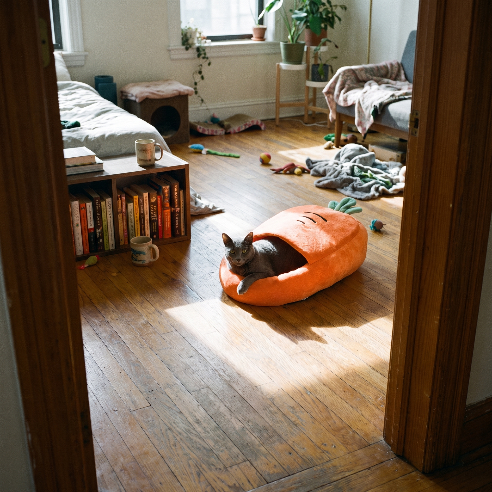 Russian blue cat resting in the carrot cat bed in an apartment living room - lifestyle v2