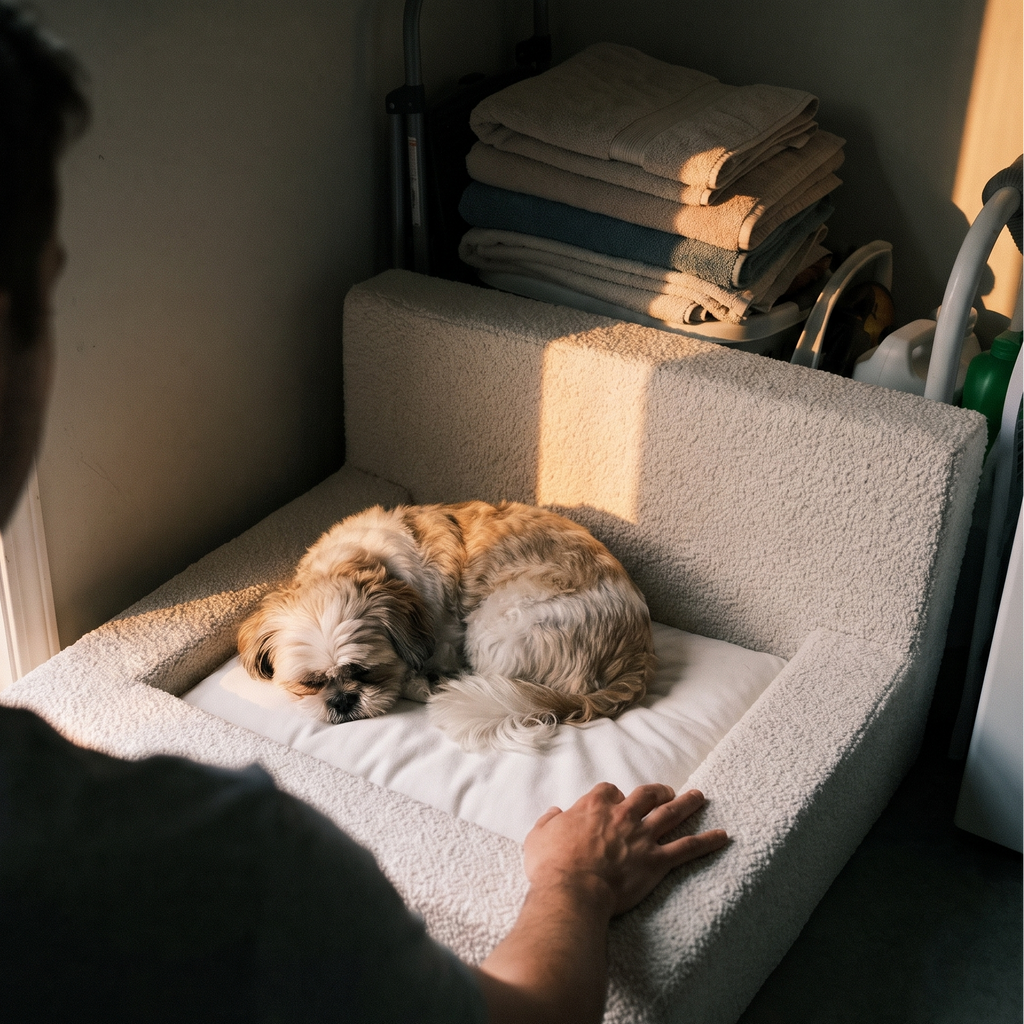 Shih tzu curled up on the sofa pet bed in a utility corner in late afternoon sun - lifestyle v2