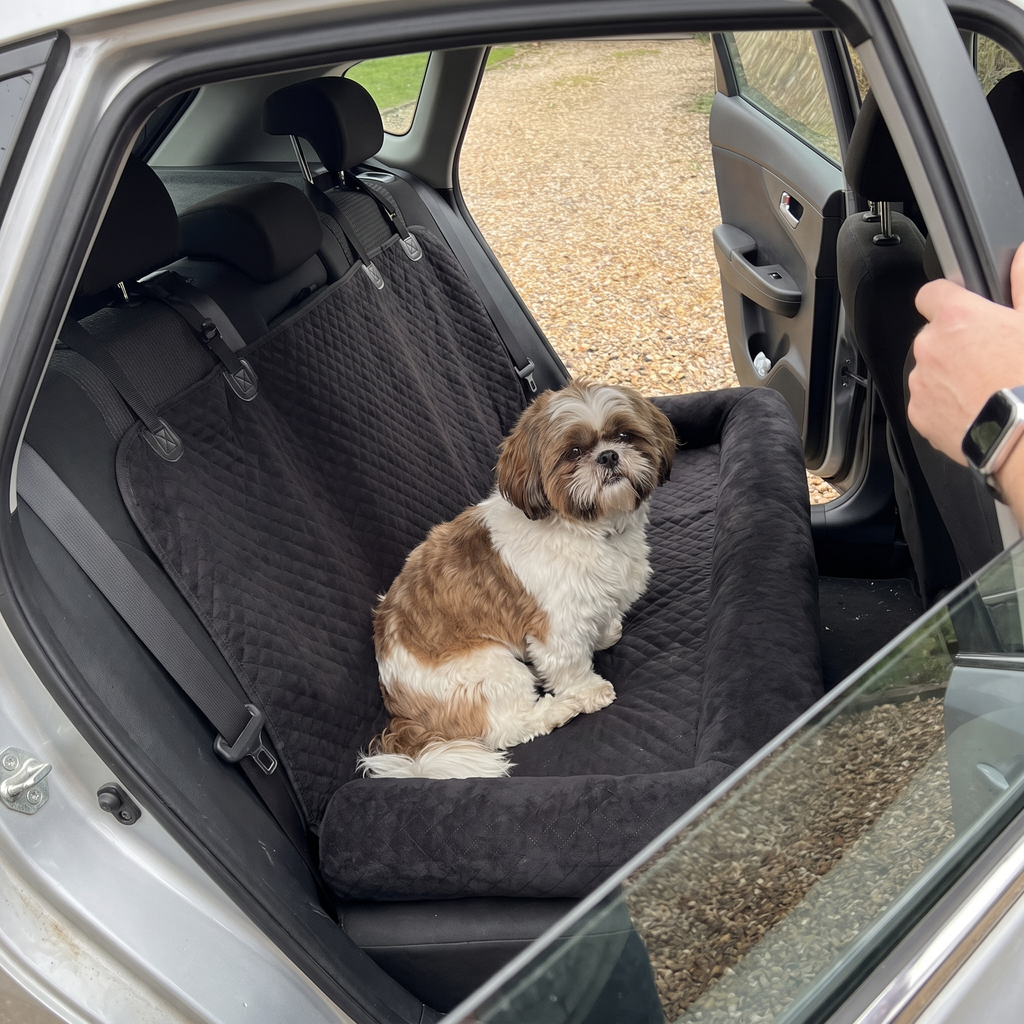 Shih tzu sitting on the car travel bed on the back seat of a parked car - lifestyle v2