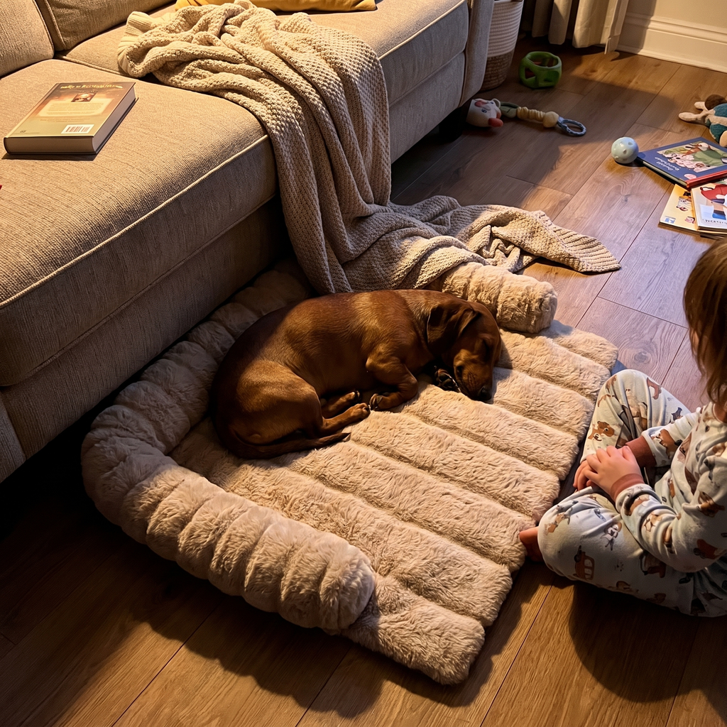 Dachshund asleep on the plush thermal pet mat beside a sofa in warm lamp light - lifestyle v2