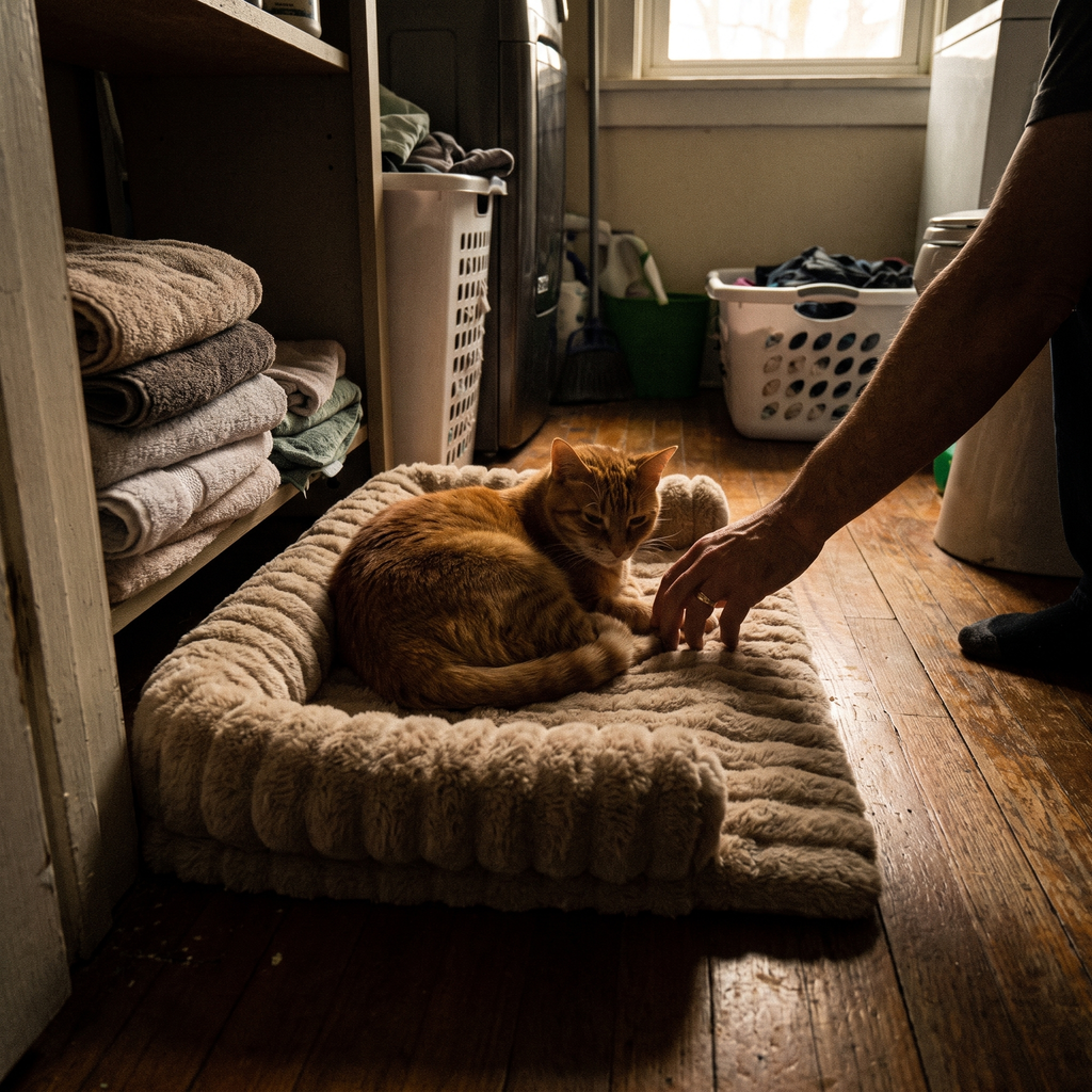 Ginger tabby cat settled on the warm plush pet mat in a utility corner - lifestyle v2