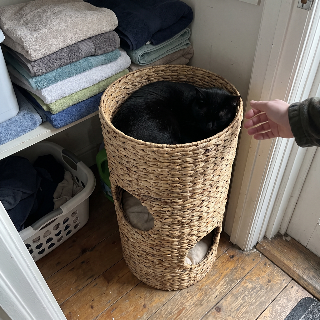 Black cat curled in the top level of the woven rattan cat tower in a utility corner - lifestyle v2