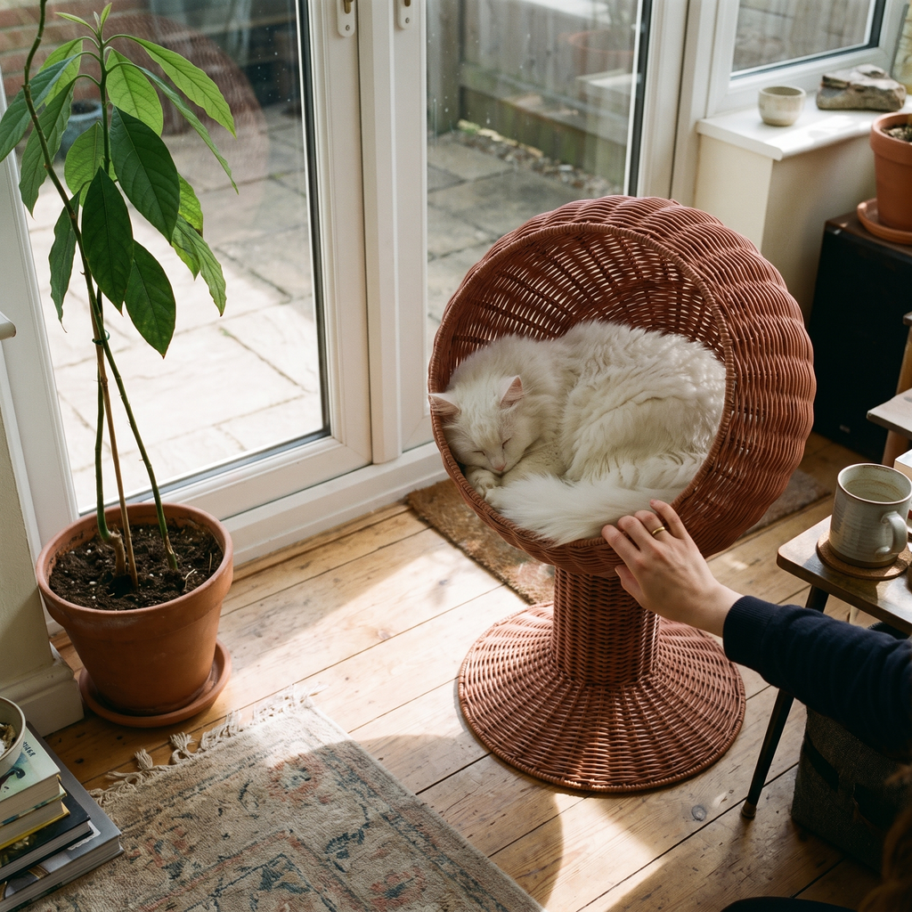 Long-haired white cat curled in the woven rattan egg-chair cat bed in a sunroom - lifestyle v2