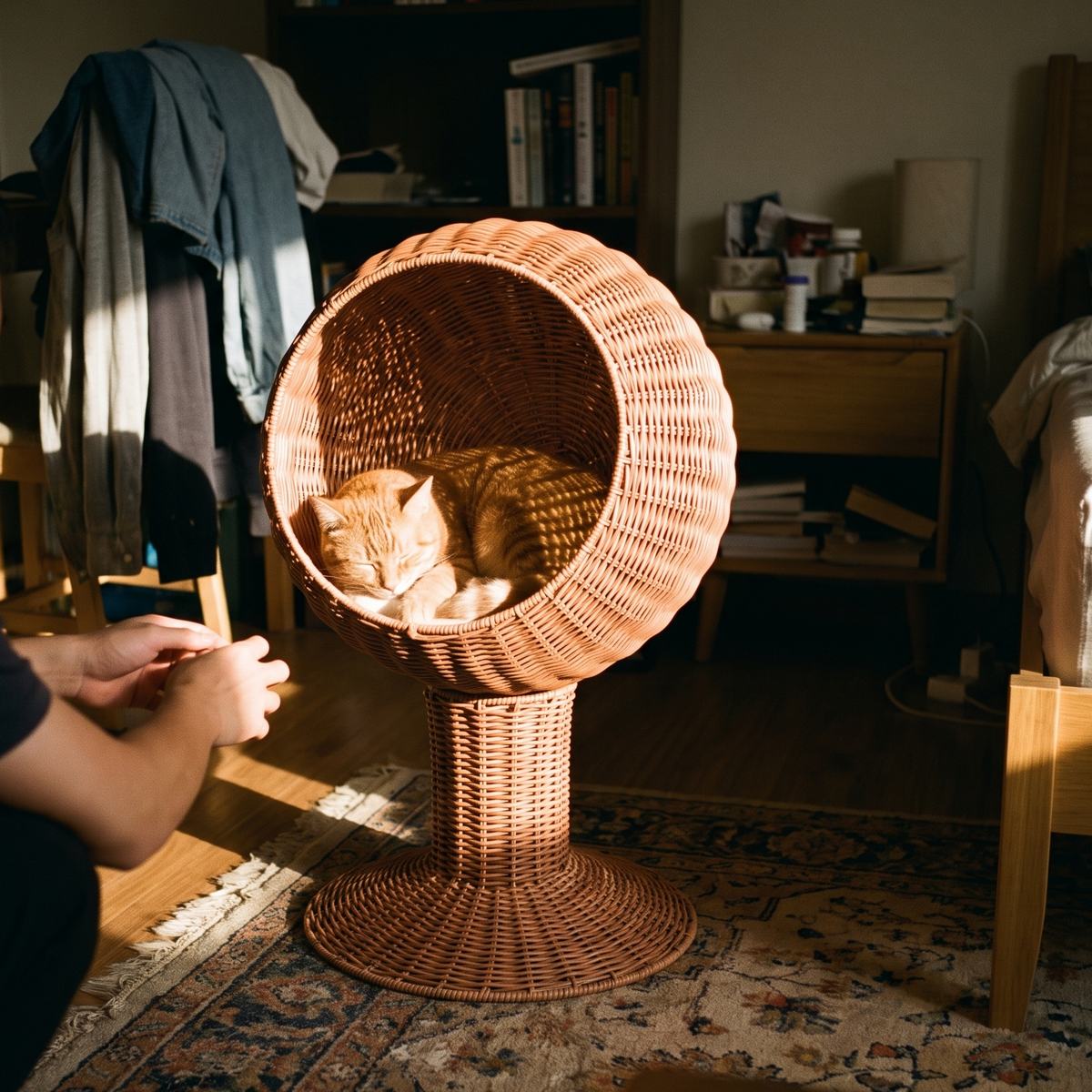 Ginger tabby settled in the woven rattan egg-chair cat bed on a bedroom rug - lifestyle v2