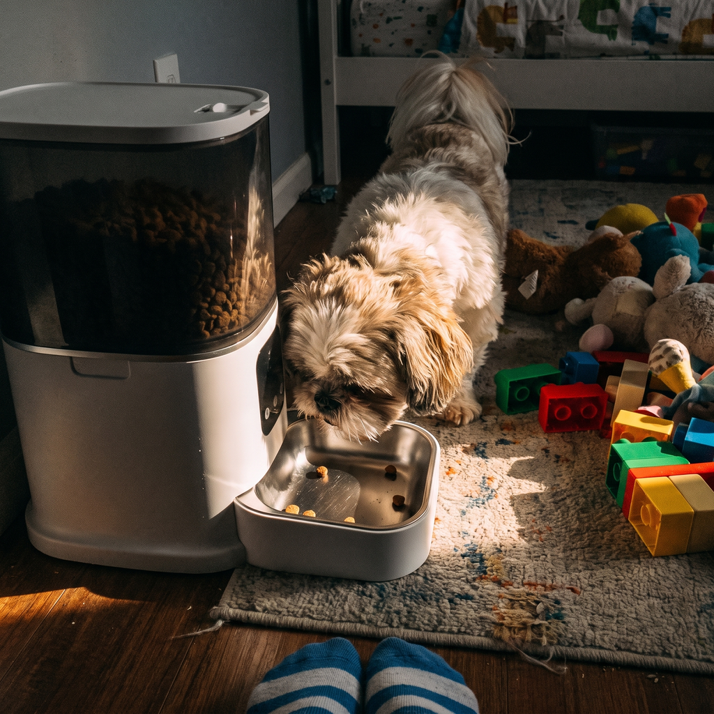 Shih tzu eating from the smart pet feeder in a child's bedroom - lifestyle v2