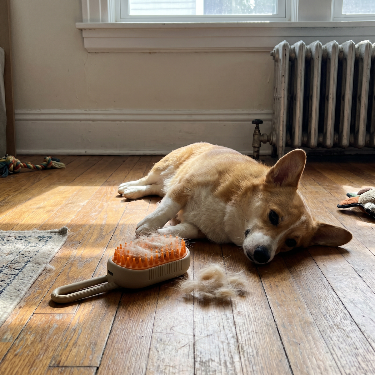 Corgi resting on a hardwood living room floor beside the steam grooming brush - lifestyle v2