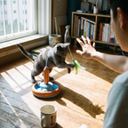 Russian blue cat playing with the spinning feather turntable toy in a living room - lifestyle v2