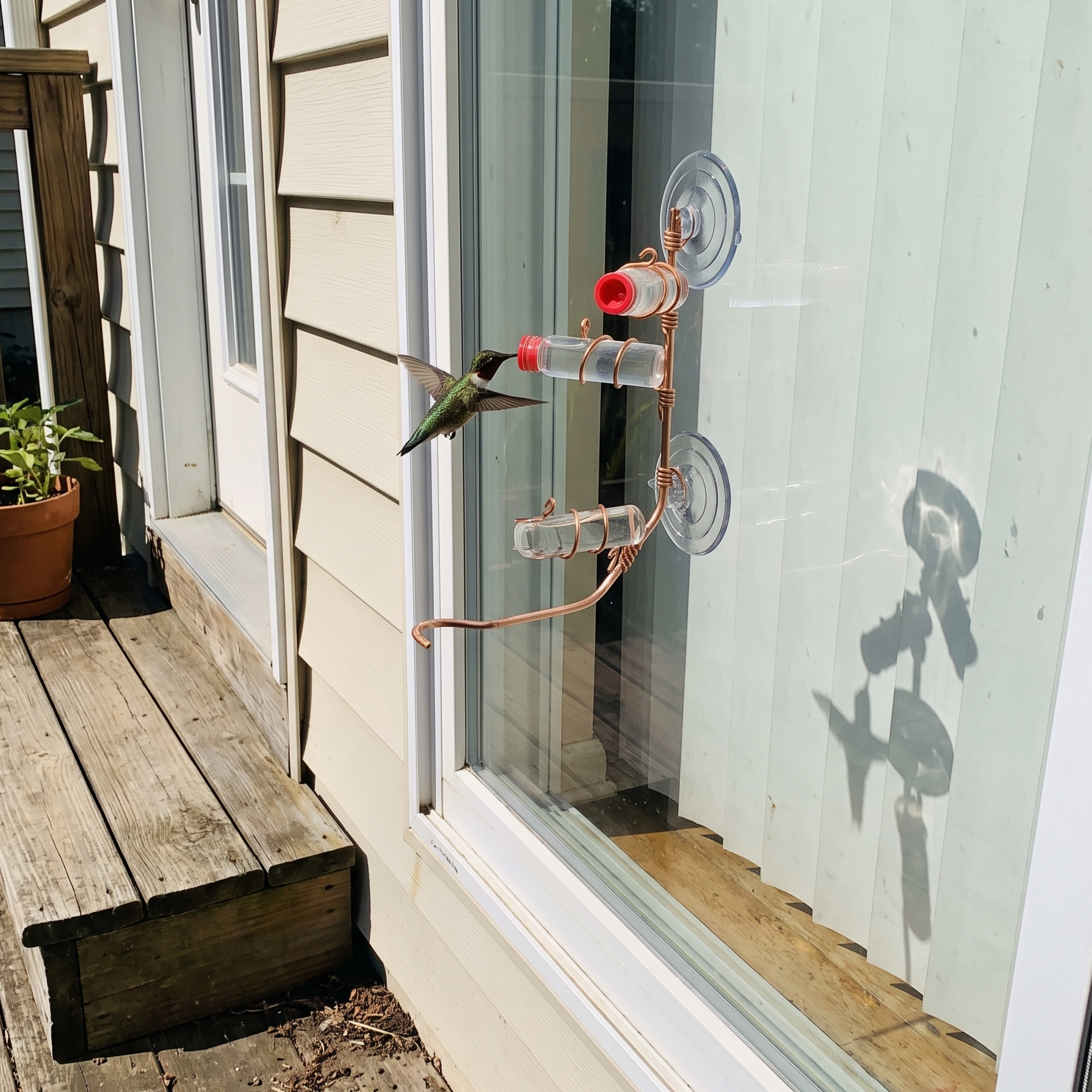 Hummingbird drinking from the window nectar feeder by a back door - lifestyle v2
