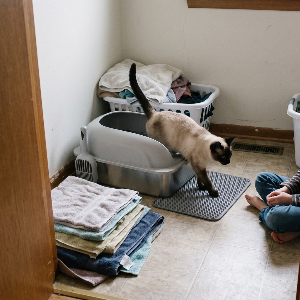 Siamese cat steps out of the stainless steel litter box in a laundry corner.