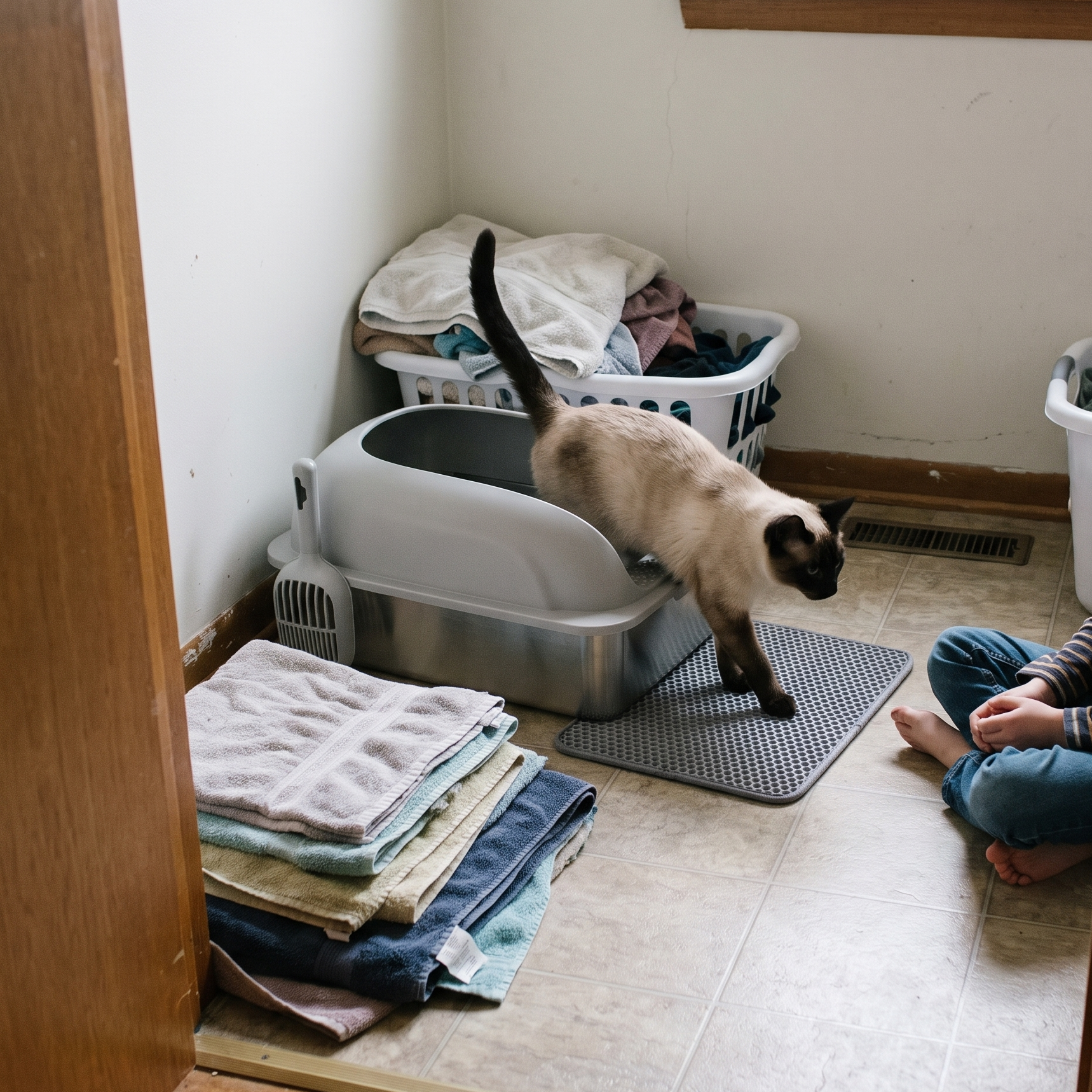 Siamese cat steps out of the stainless steel litter box in a laundry corner.