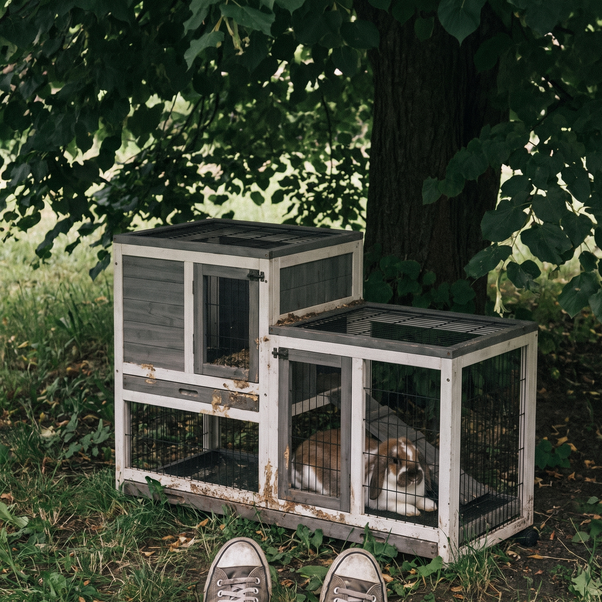 Lop-eared rabbit in the elevated hutch run under a shady backyard tree - lifestyle v2