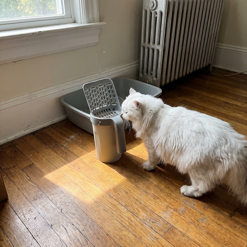White cat beside the litter scoop and caddy set on a hardwood floor - lifestyle v2