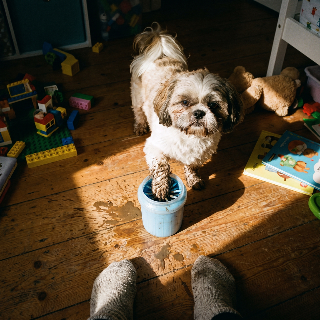 Shih tzu paw being cleaned in the silicone paw cleaner cup at home - lifestyle v2