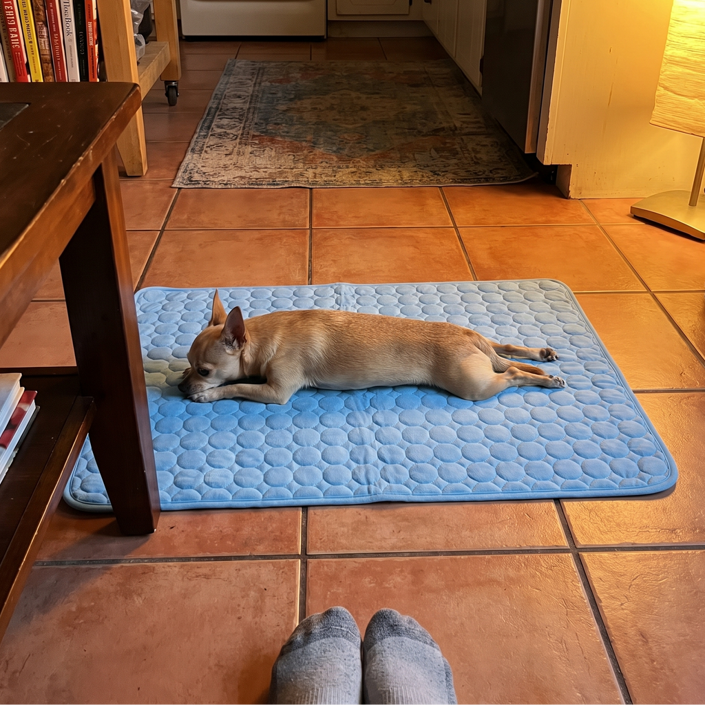 Chihuahua stretched out on the cooling mat on a kitchen floor - lifestyle v2