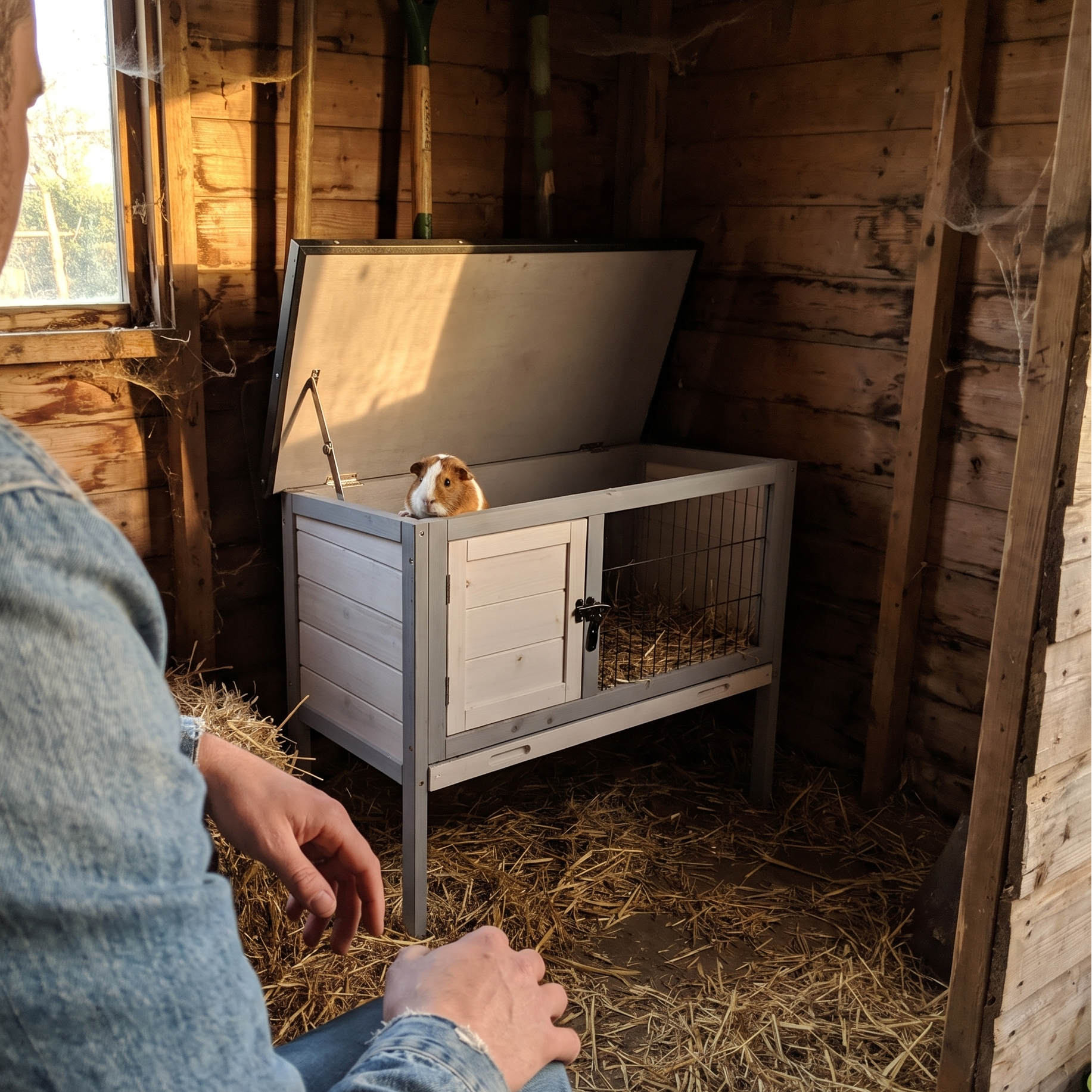 Guinea pig in the hinged-roof wooden hutch inside a garden shed - lifestyle v2