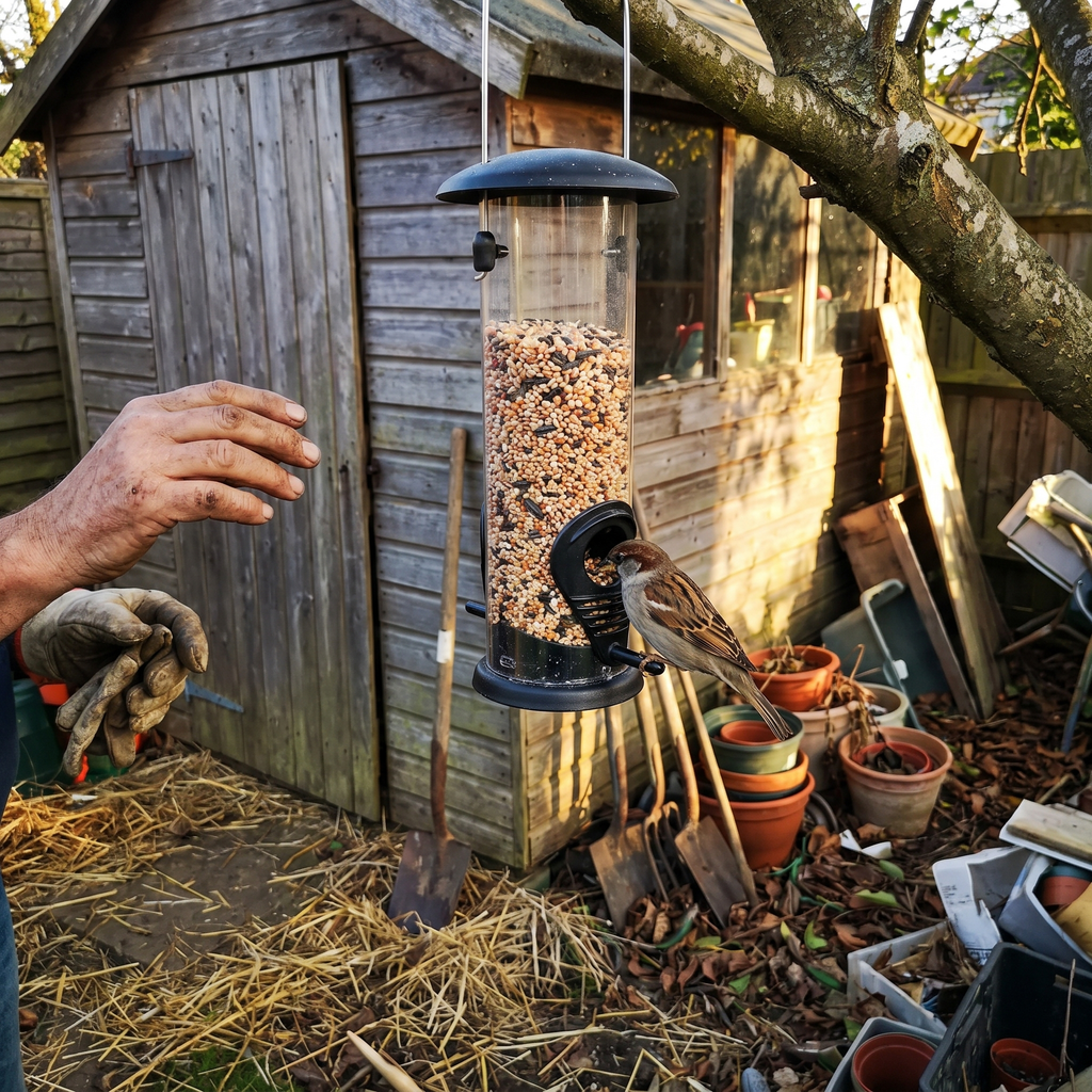 Sparrow feeding at the hanging seed feeder by a garden shed - lifestyle v2