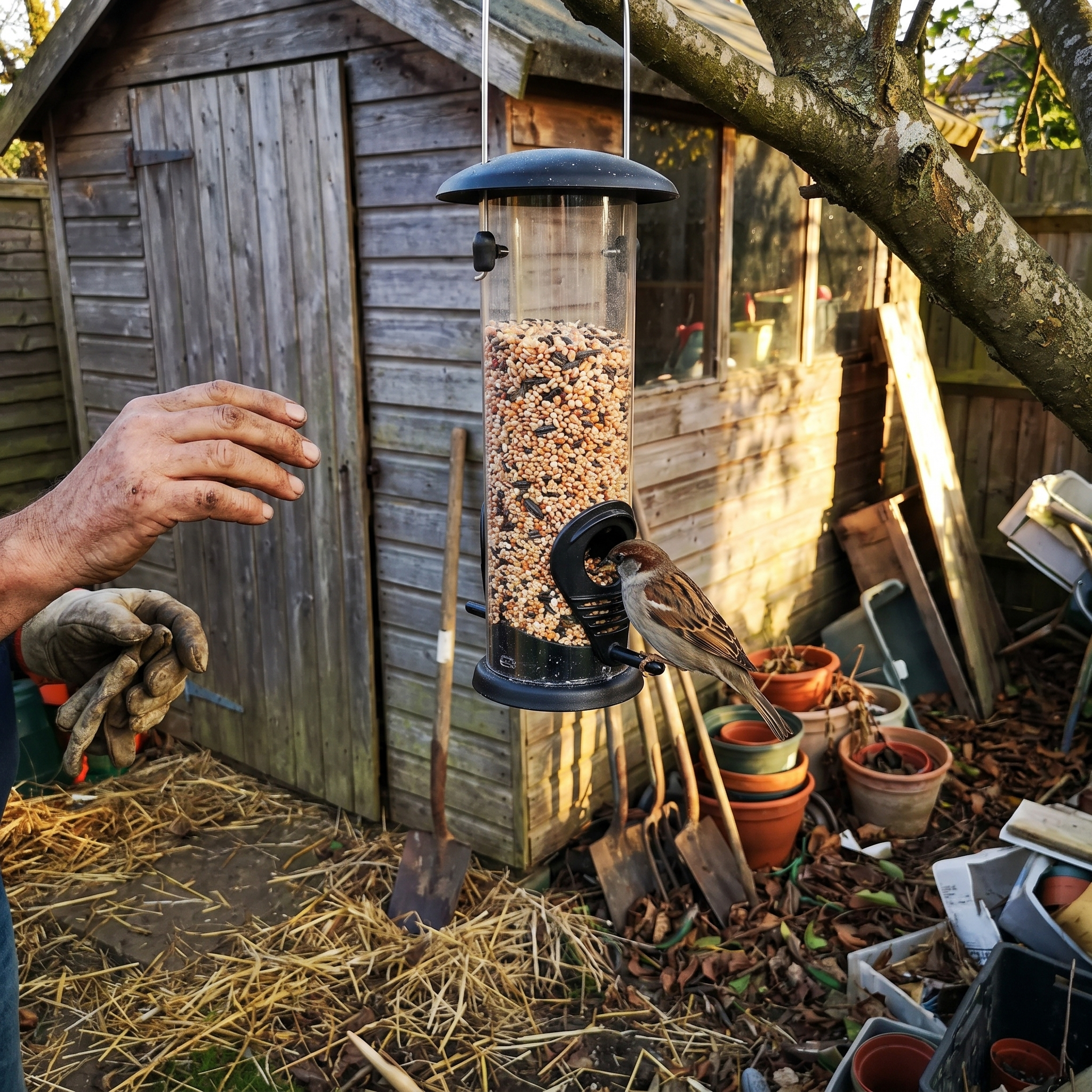 Sparrow feeding at the hanging seed feeder by a garden shed - lifestyle v2