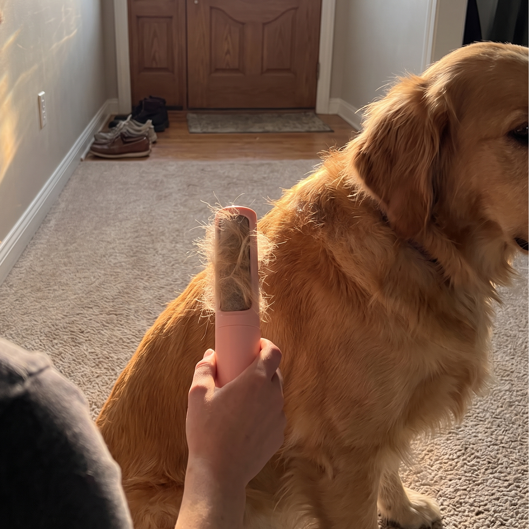 Hand holds up the fur-covered reusable pet hair remover beside a seated golden retriever.
