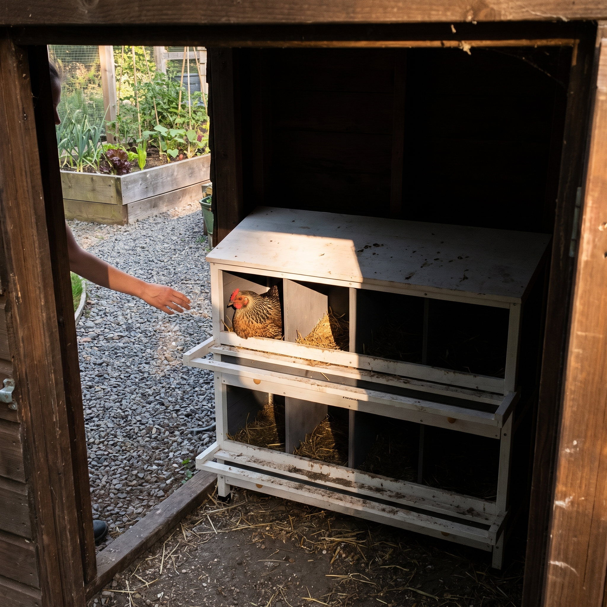 Speckled hen settling into the wooden nesting box inside a coop - lifestyle v2