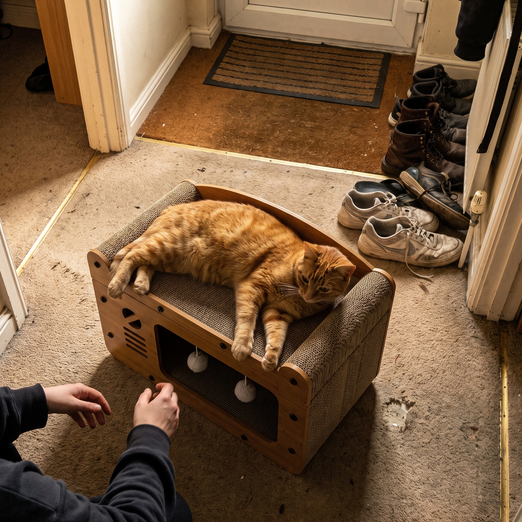 Ginger tabby lounging on the cardboard scratcher sofa in a hallway - lifestyle v2