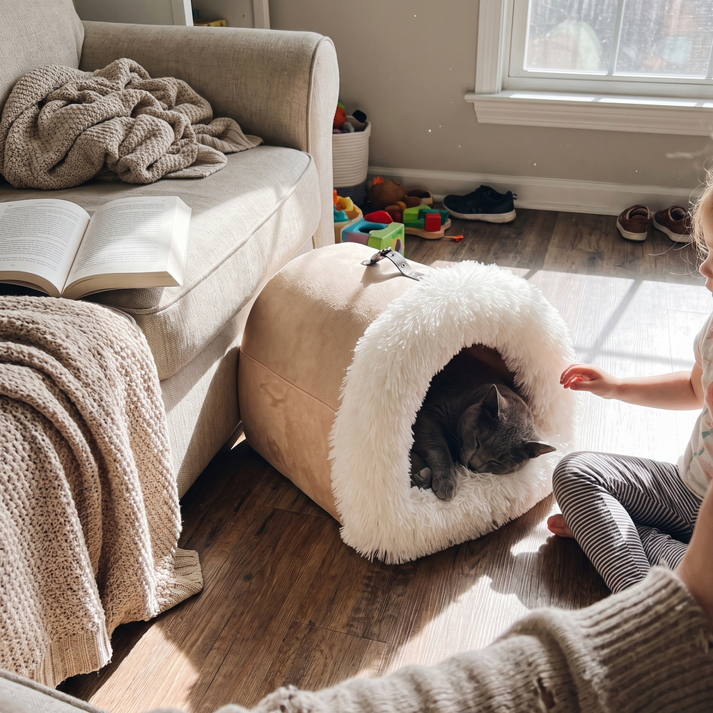 Russian blue cat asleep inside the calming cat cave bed by the sofa - lifestyle v2