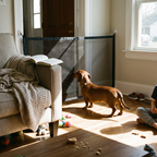 Dachshund stands beside the black mesh pet safety gate in a sunlit living room.