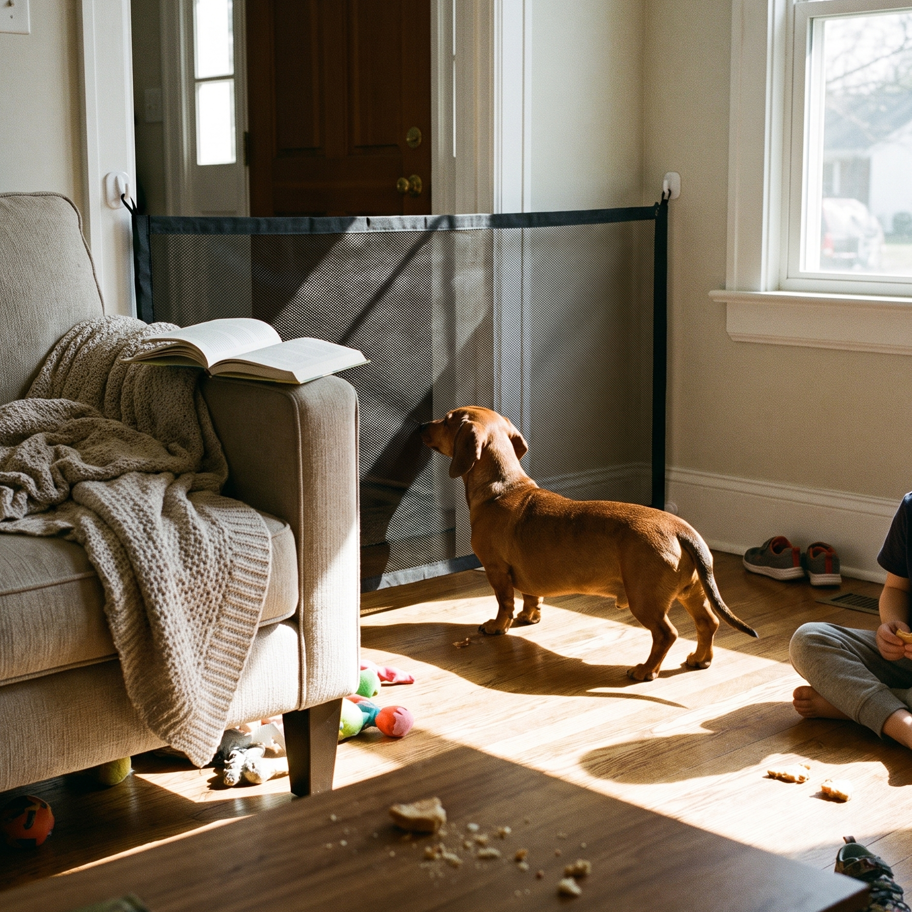 Dachshund stands beside the black mesh pet safety gate in a sunlit living room.
