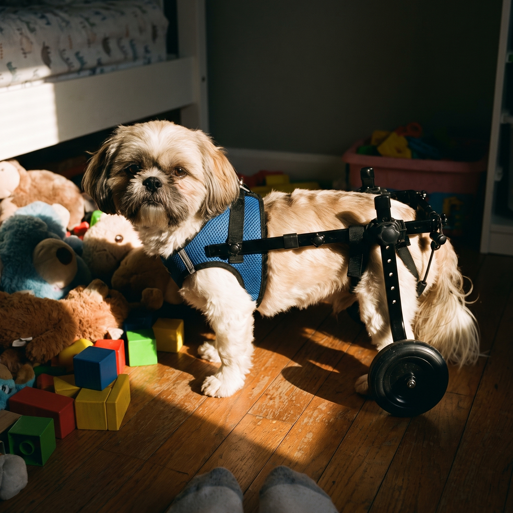Shih tzu using the rear-support dog wheelchair in a bedroom - lifestyle v2