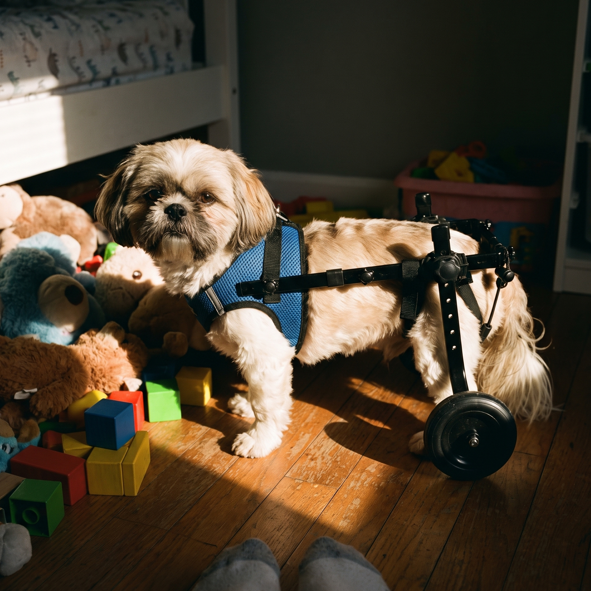 Shih tzu using the rear-support dog wheelchair in a bedroom - lifestyle v2