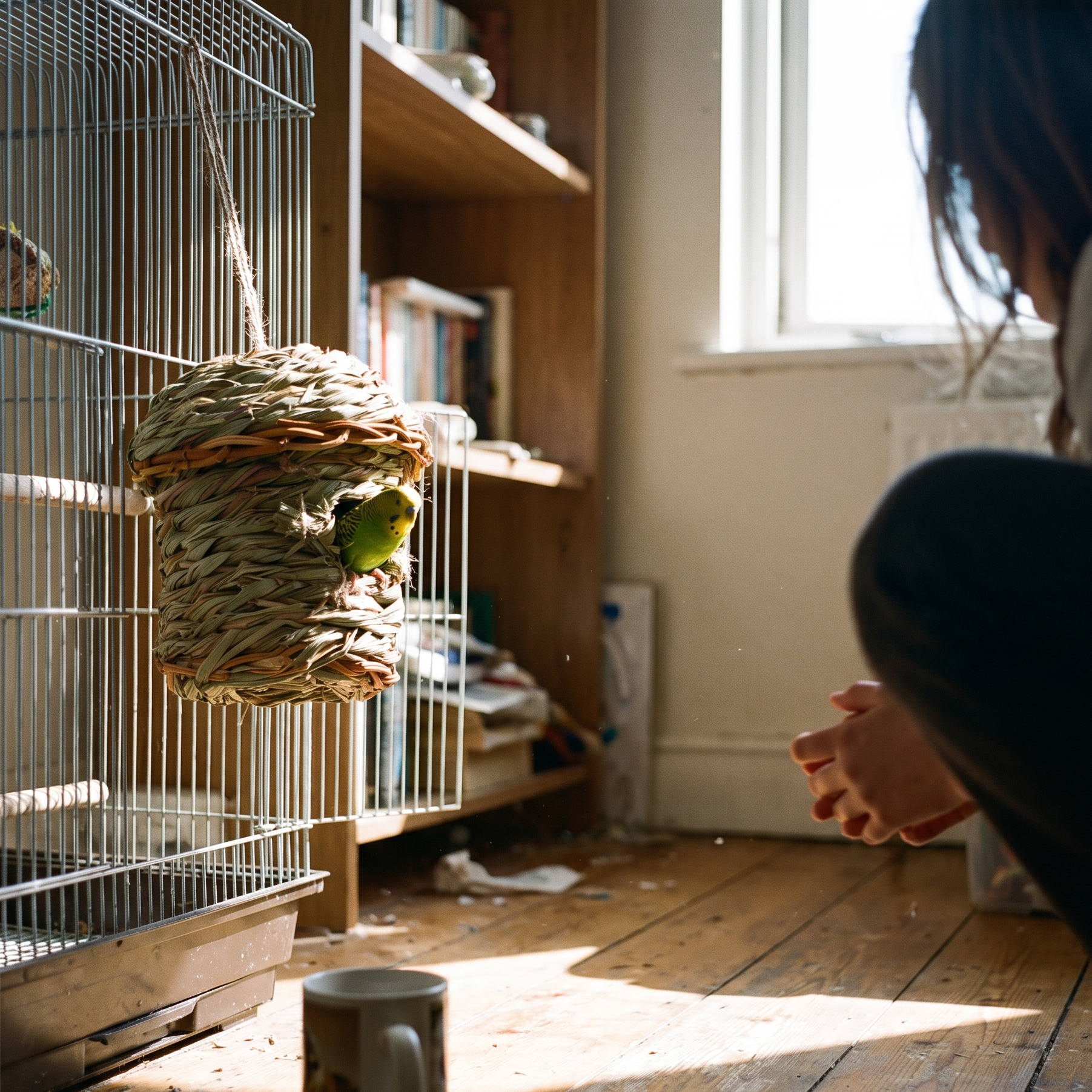 Budgie resting in the woven straw nest hut inside its cage - lifestyle v2