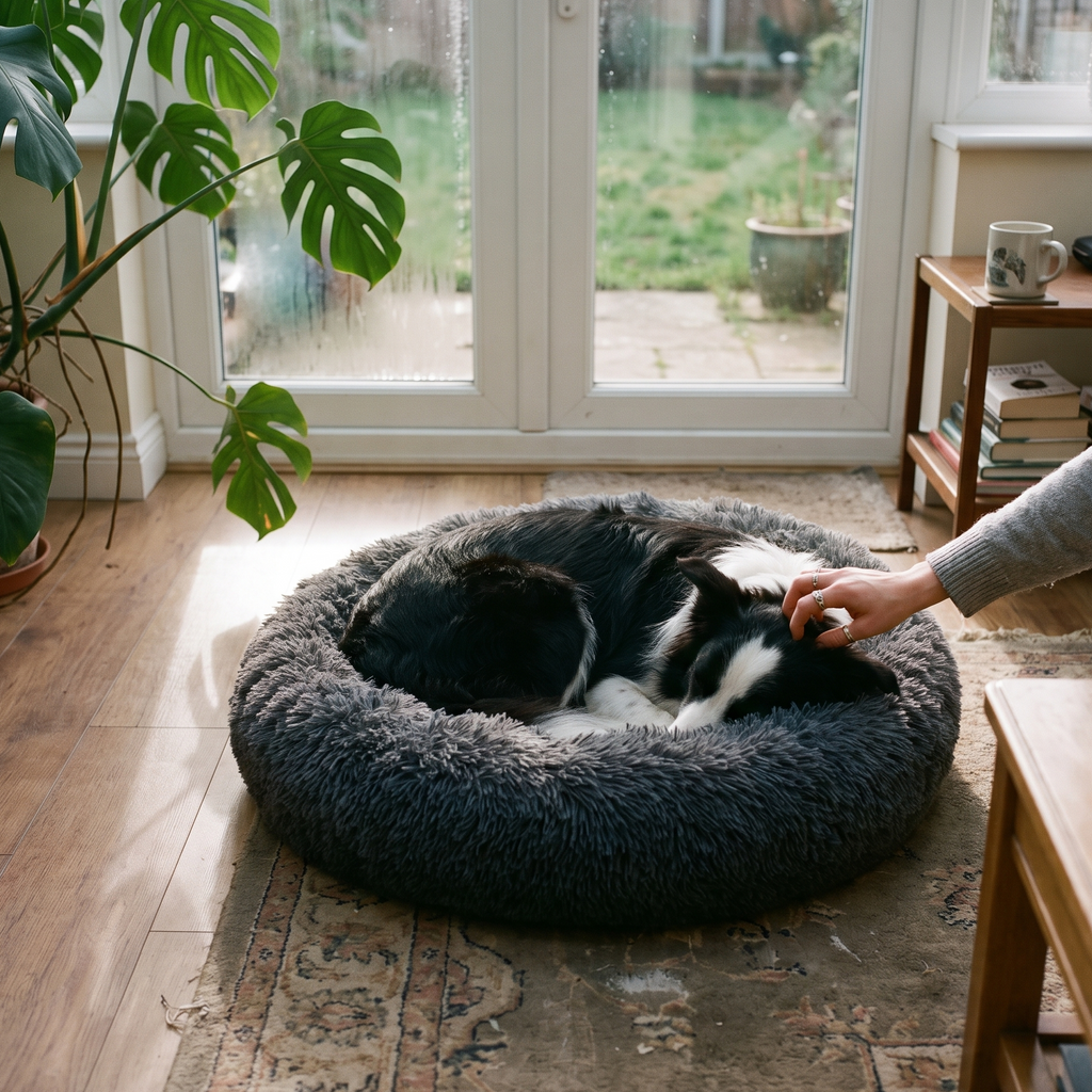 Border collie curled into the calming donut bed in a sunroom - lifestyle v2
