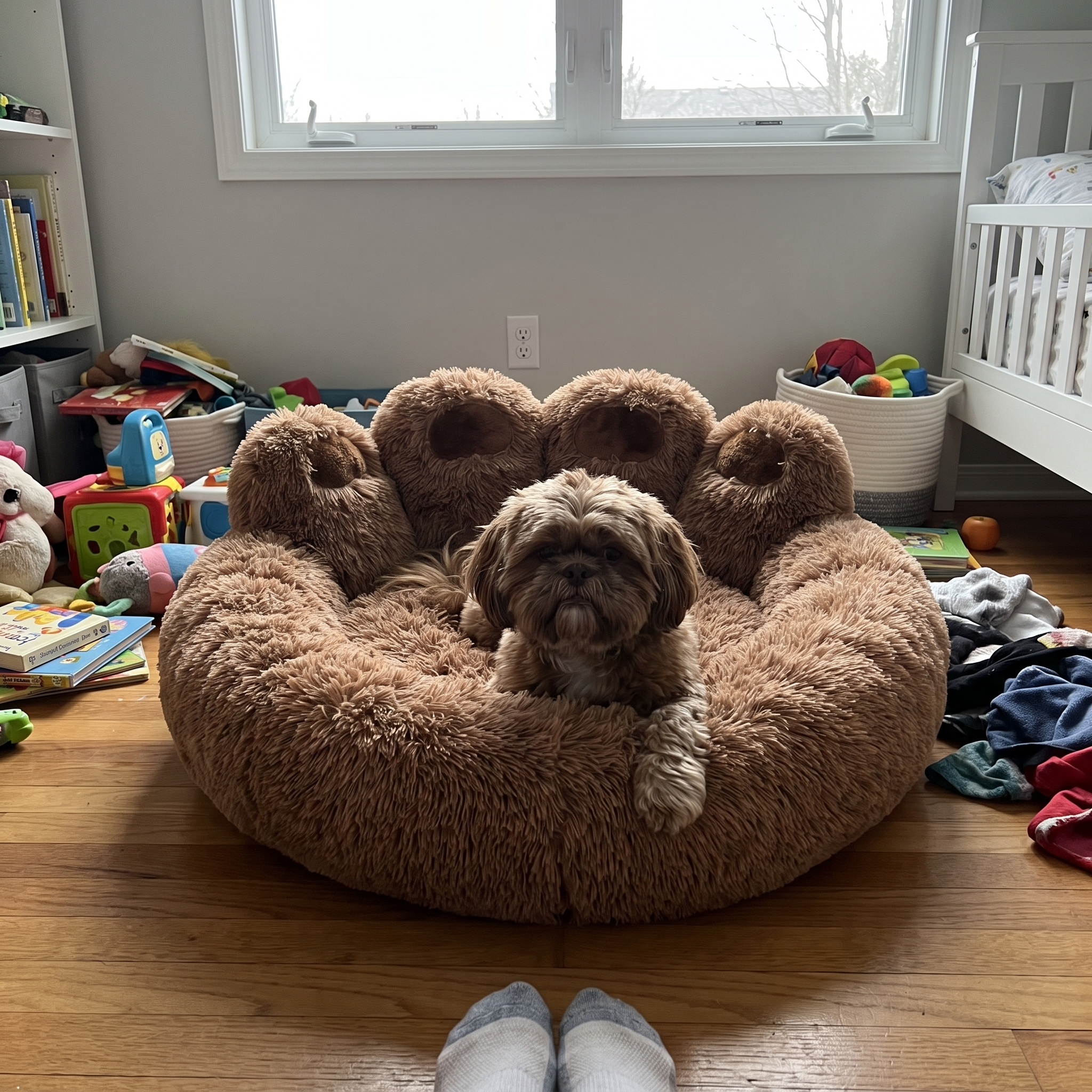 Shih tzu settled into the calming fleece cuddler bed in a child's bedroom - lifestyle v2