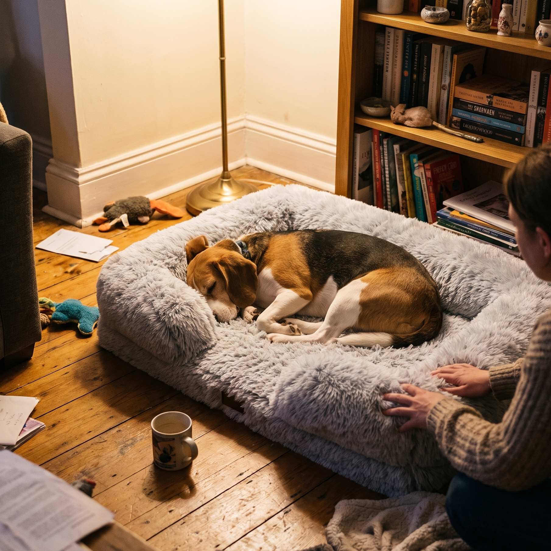Beagle asleep in the plush winter pet bed in an apartment living room - lifestyle v2