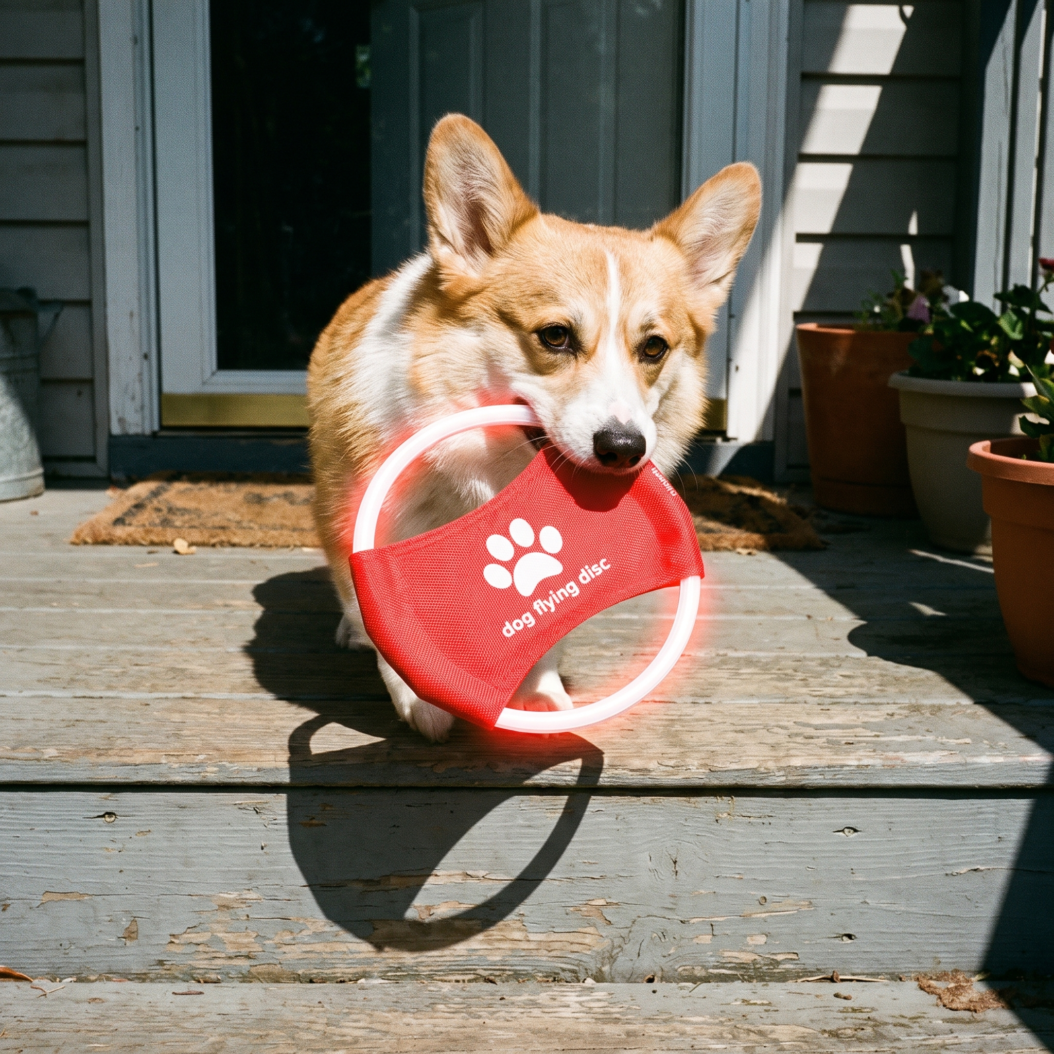 Corgi holding the LED light-up flying disc on a porch step - lifestyle v2