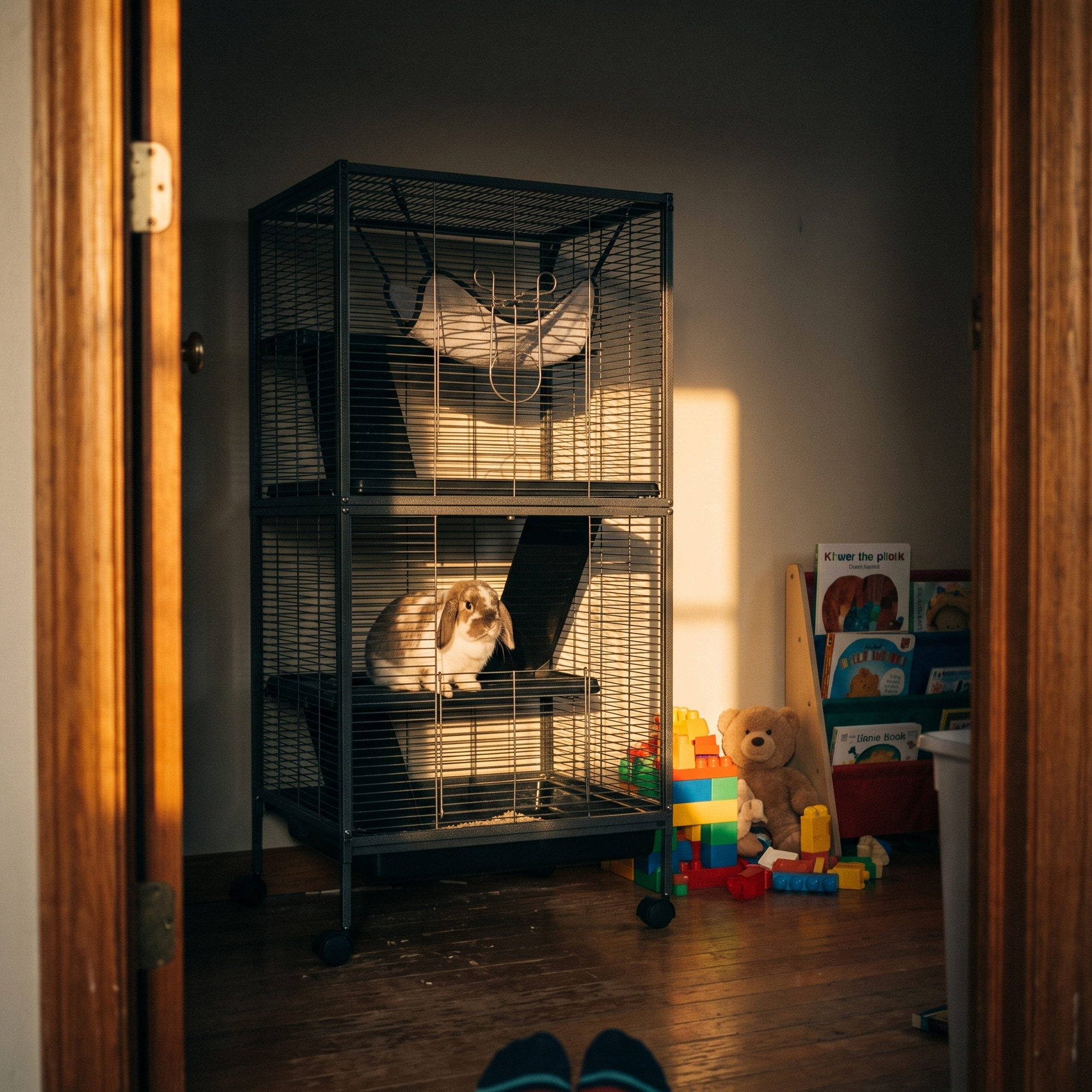 Lop-eared rabbit on a ramp inside the multi-level wire cage in a bedroom - lifestyle v2