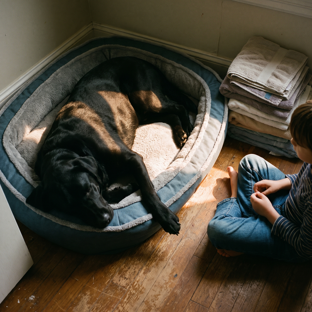Black labrador asleep on the plush mattress pet bed in a utility corner - lifestyle v2