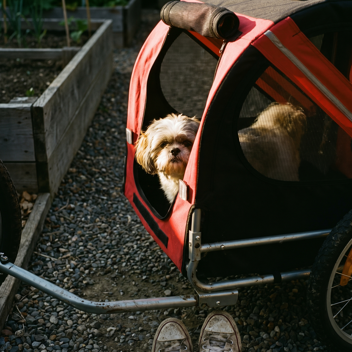 Shih tzu riding in the dog bike trailer on a garden path - lifestyle v2
