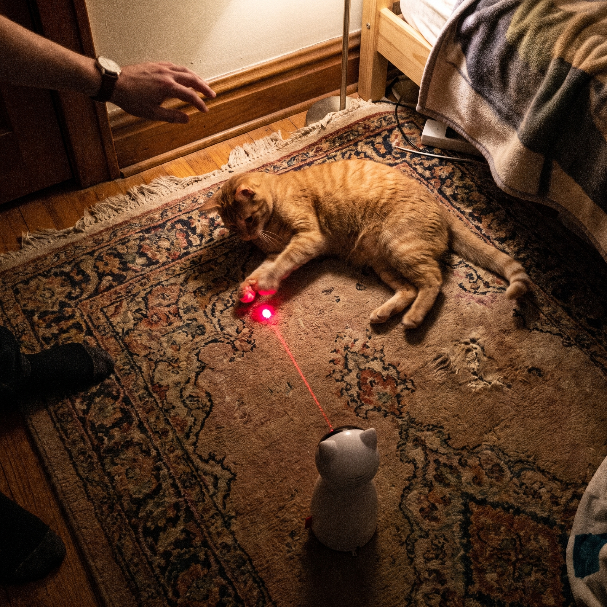 Ginger tabby lies on a bedroom rug beside the automatic laser cat toy's red dot.