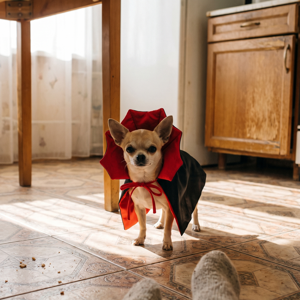 Chihuahua wearing the Halloween vampire cape costume in a kitchen - lifestyle v2