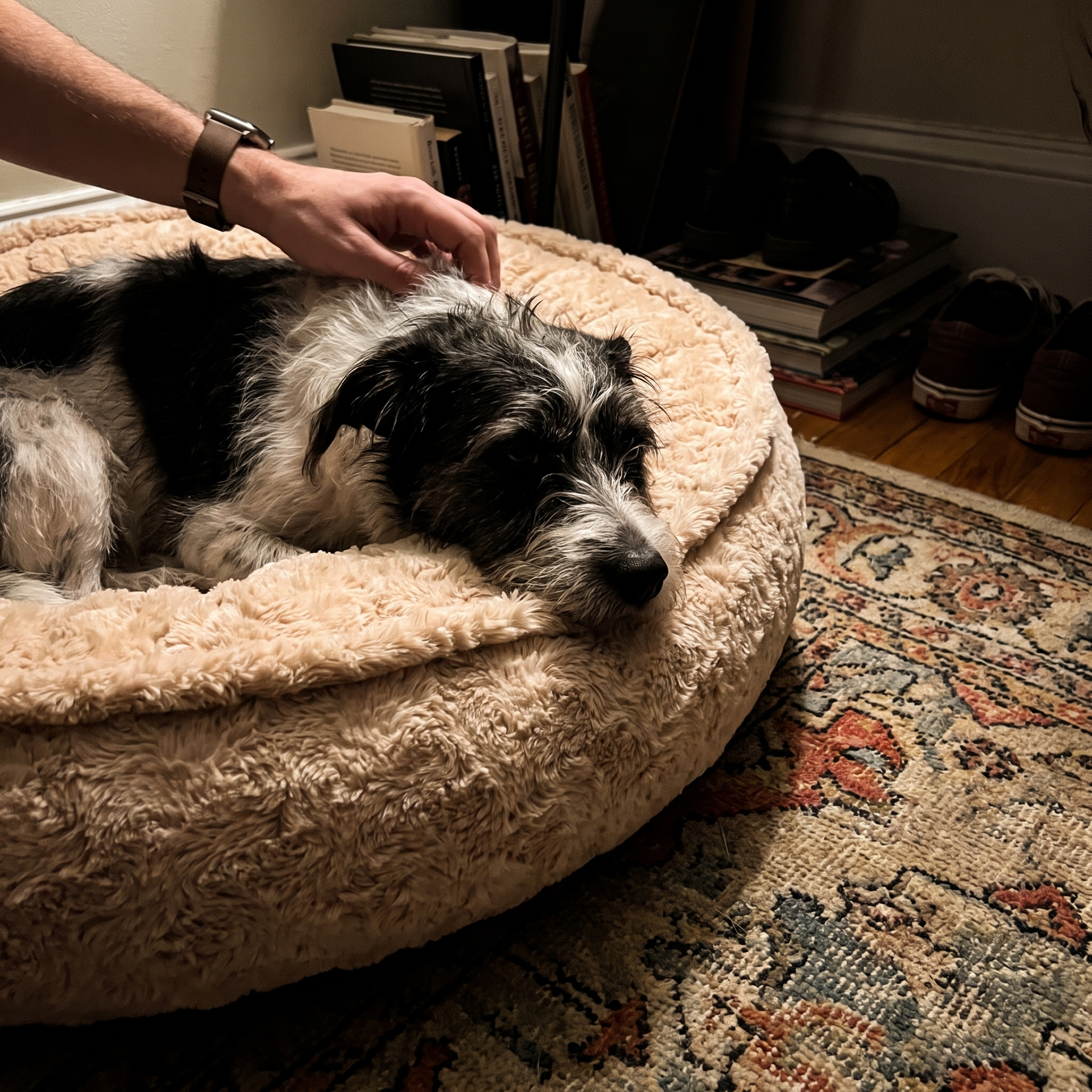 Terrier mix nestled into the cozy donut cuddler bed on a bedroom rug - lifestyle v2