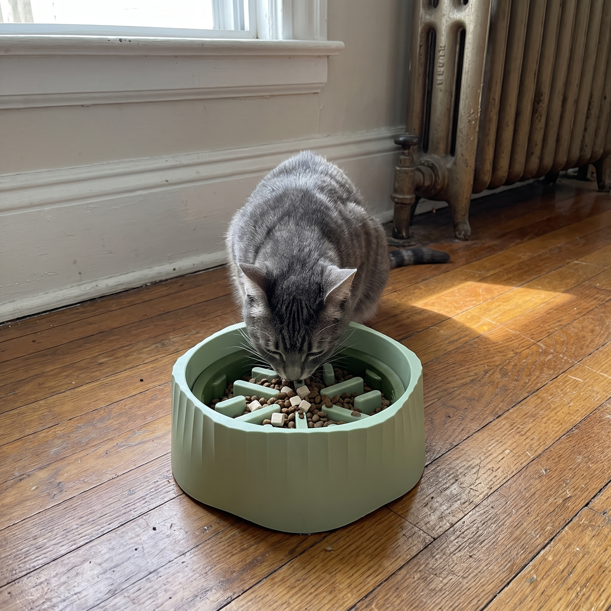 Gray tabby eating from the slow feeder maze bowl on a hardwood floor - lifestyle v2